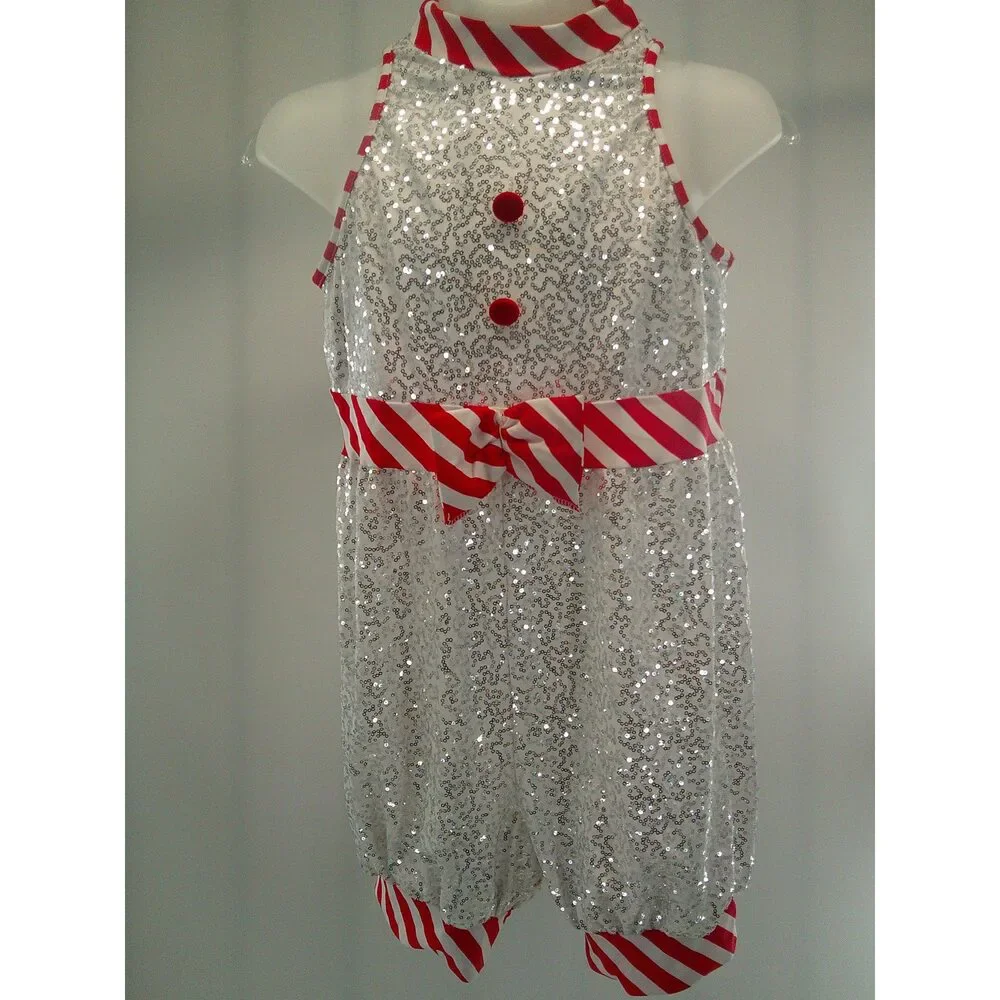 Pre-Owned Dance Costume Jazz XXL Child White ArtStone 26004 Romper Snowman Sequ